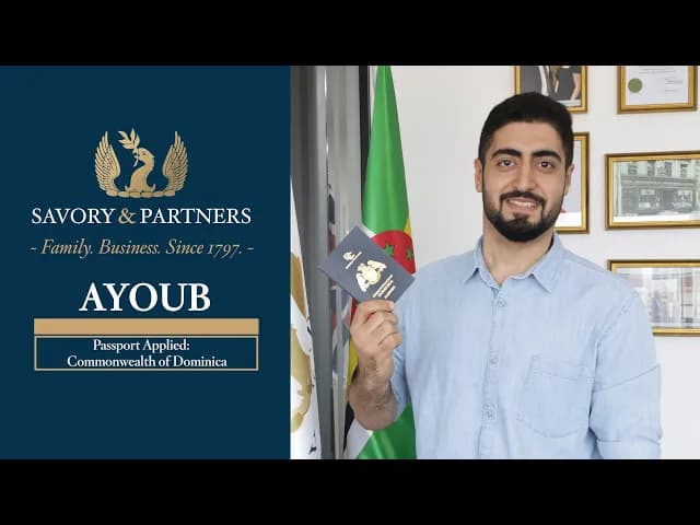 A testimonial from Ayoub Armand, detailing his experience with Savory & Partners in obtaining a Commonwealth of Dominica passport.