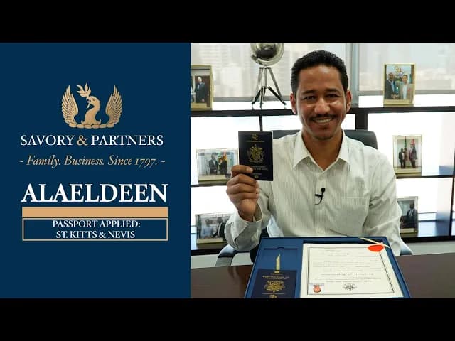 A testimonial from Alaeldeen, sharing his positive experience with Savory & Partners in obtaining a St. Kitts & Nevis passport.