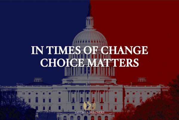 White House split into Republican red and Democrat blue, symbolizing U.S. political division, with the text 'In times of change, Choice Matters' emphasizing the importance of second citizenship and residency options for Americans in 2024